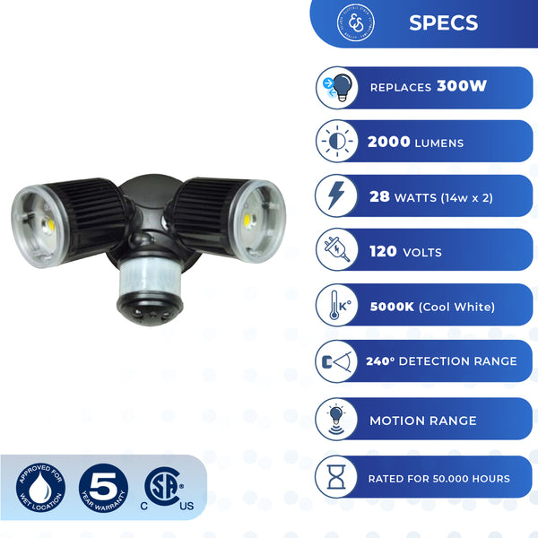 MS2HR Twin Head LED Floodlight with Motion Sensor - Round