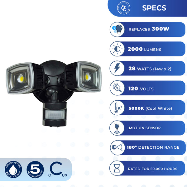 MS2HS Twin Head LED Floodlight with Motion Sensor - Square